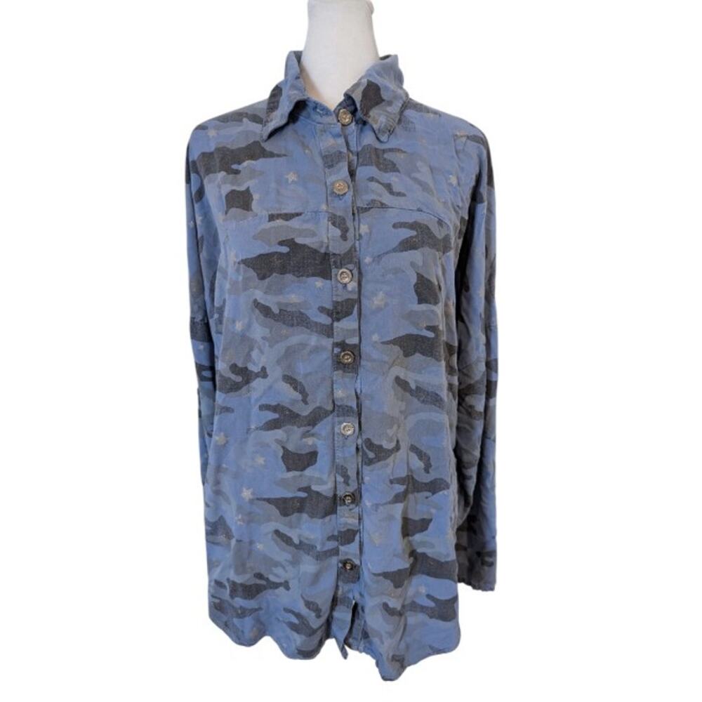 Venti6 Distresed Blue Silver Star Oversized Button Down Blouse Large